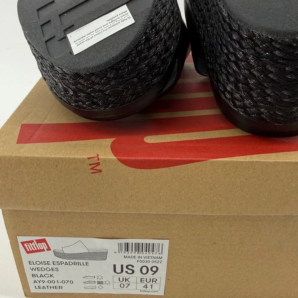 FitFlop Eloise Espadrille Wedges Blk Leather Platform Slide Sandals AY9-001-070